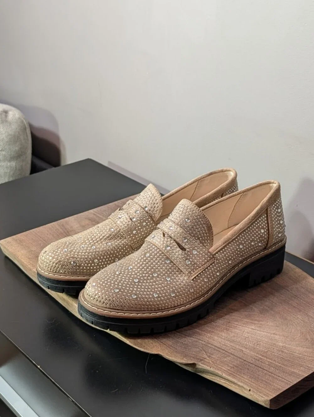 Embellished Tan Penny Loafers with Black Lug Sole